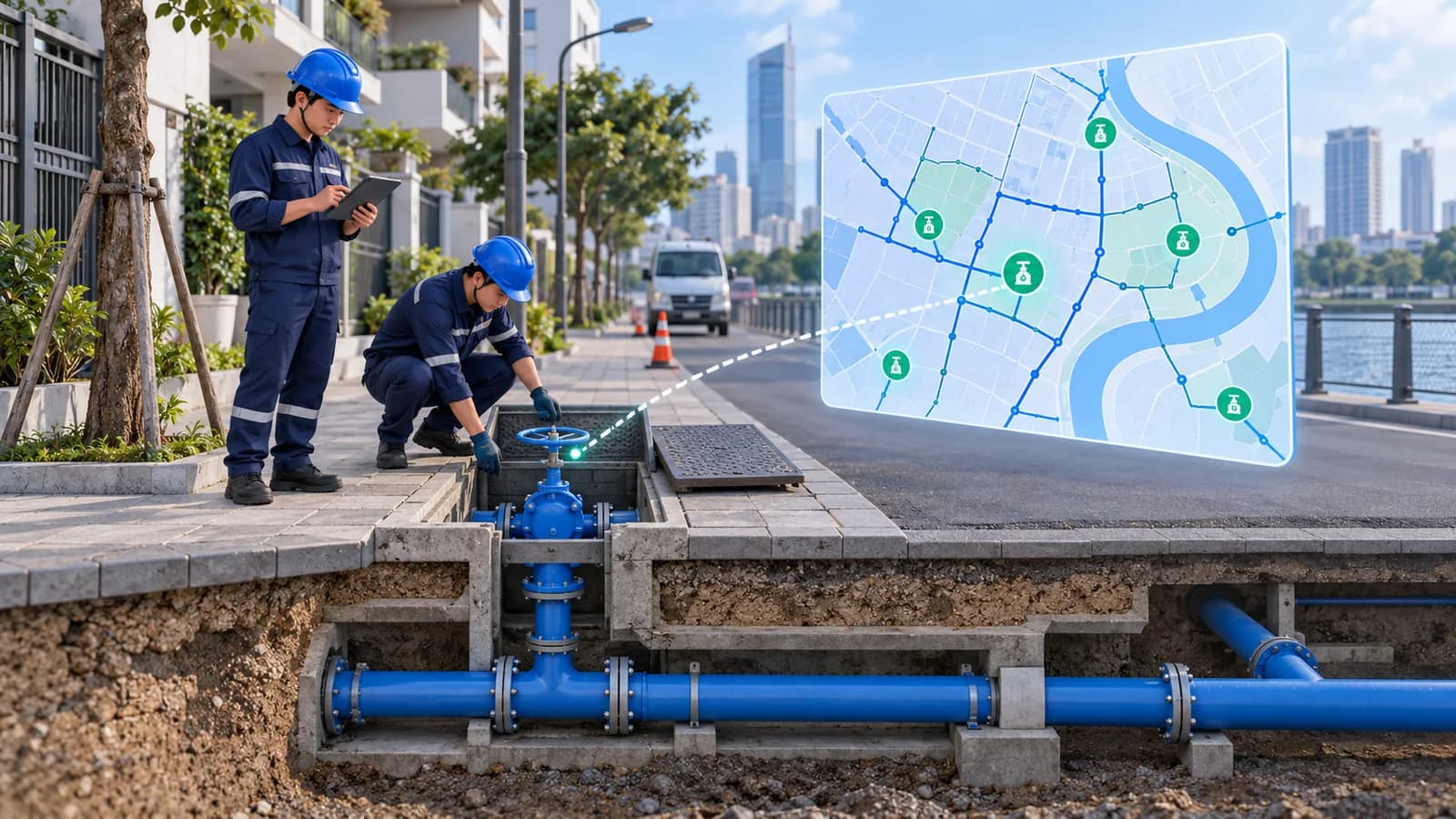 Technicians inspecting a valve chamber and checking its digital map record