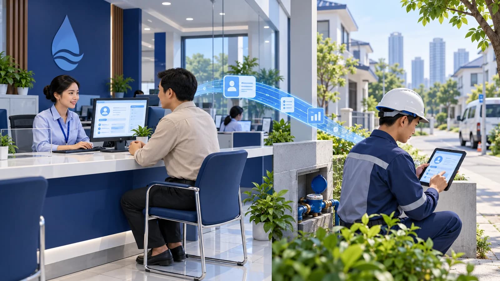 Nhân viên kinh doanh và kỹ thuật khai thác chung hồ sơ khách hàng cấp nước