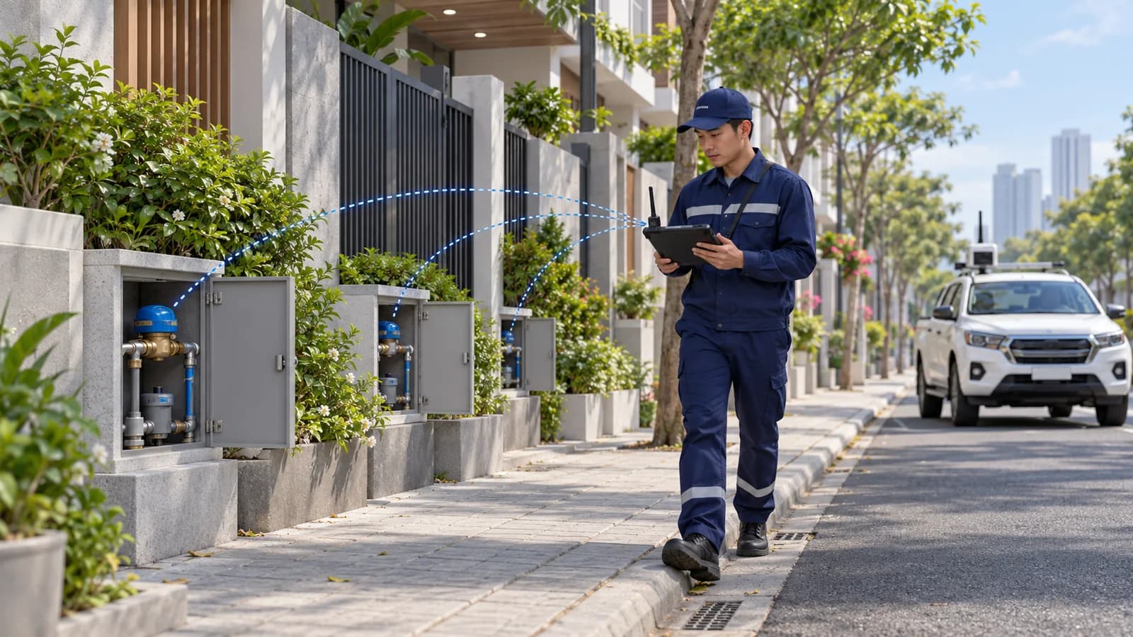 Nhân viên thu tín hiệu đồng hồ nước bằng thiết bị cầm tay khi đi qua khu dân cư