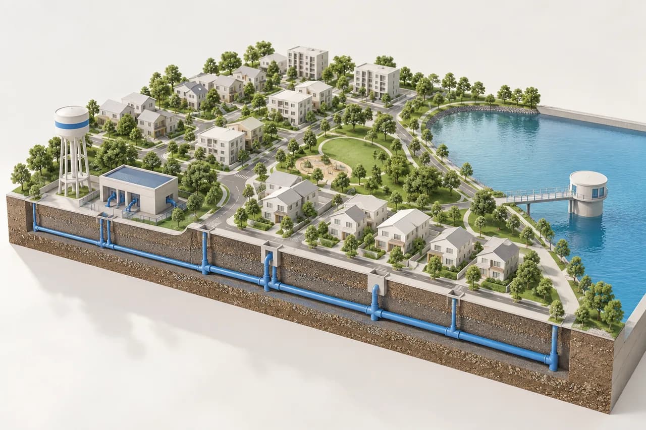 Minh họa mạng cấp nước kết nối hồ chứa, trạm bơm và đô thị