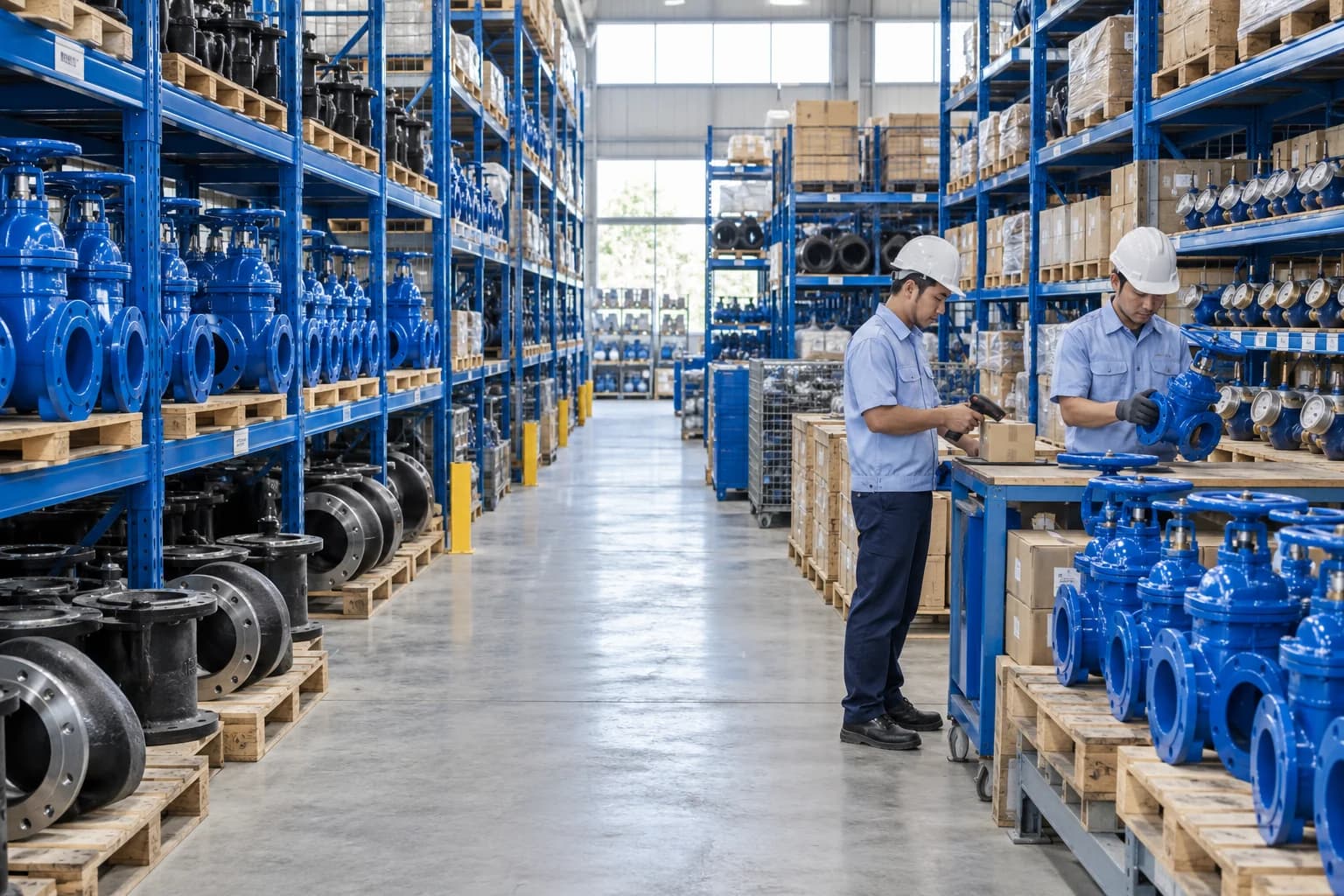 Minh họa nhân viên kiểm tra và bàn giao van trong kho vật tư ngành nước